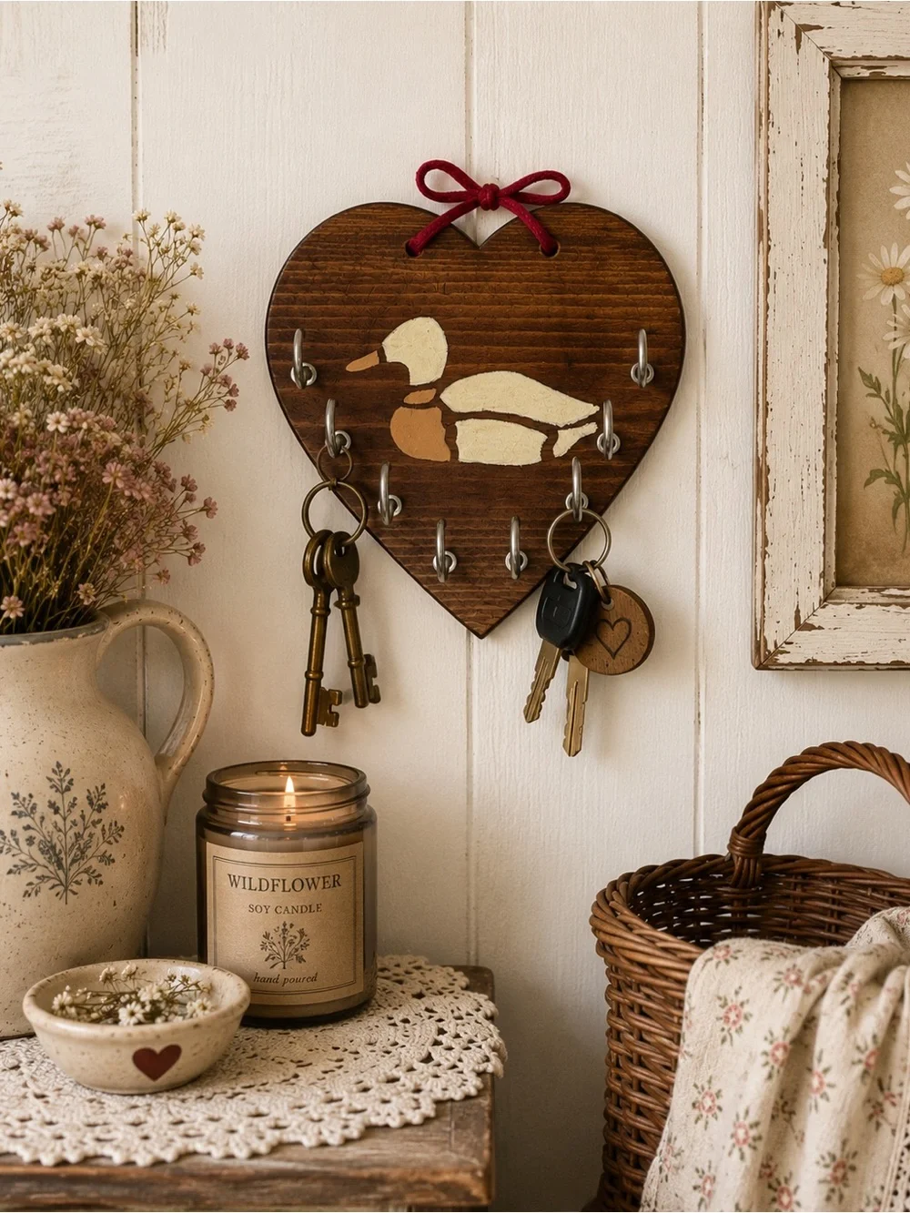 Vintage Heart Wooden Key Holder Hand Painted Duck Rustic Farmhouse Entryway